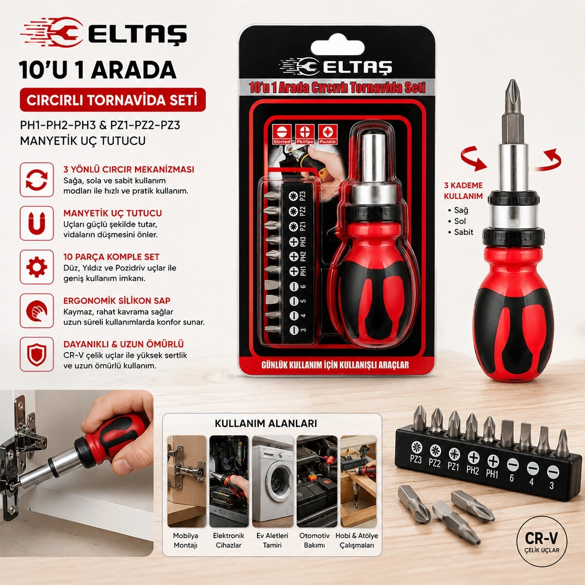 ELTAŞ LRD-177 ( 10IN1 ) ( SİLİKON SAP & CR-V ) CIRCIRLI TORNAVİDA BİTS SETİ ( PH1-PH2-PH-3 & PZ1-PZ2-PZ3 ) ( MANYETİK UÇ TUTUCU )*200