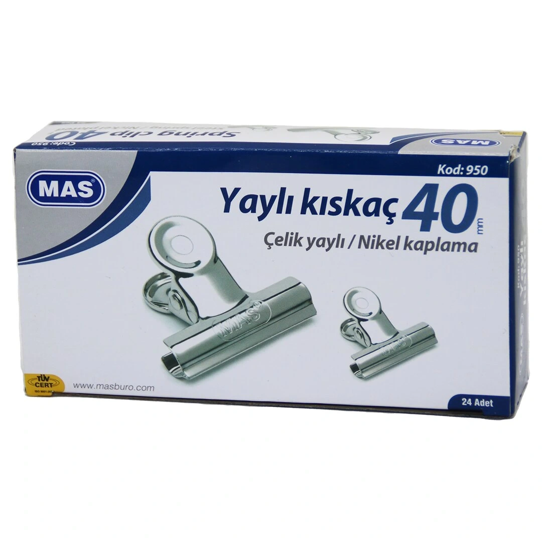 MAS-950 BEYAZ METAL KISKAÇ 40 MM ( 24PCS ) YAYLI KAĞIT CİLT KISKACI*1X32