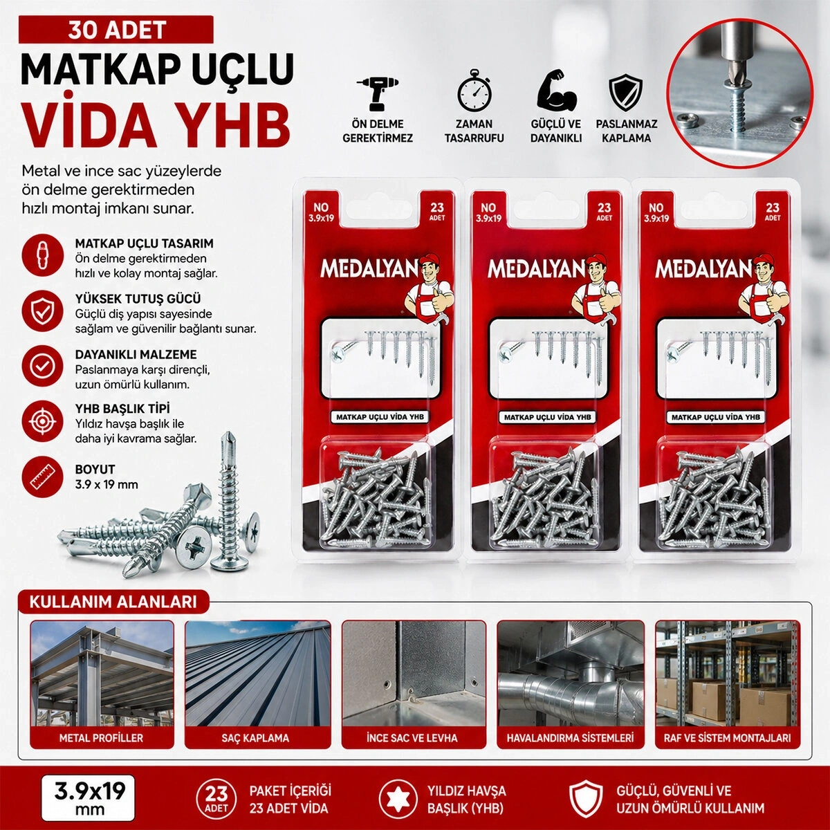 MEDALYAN DL-100 ( 3.9X19 ) ( 30PCS ) MATKAP UÇLU VİDA*12X12