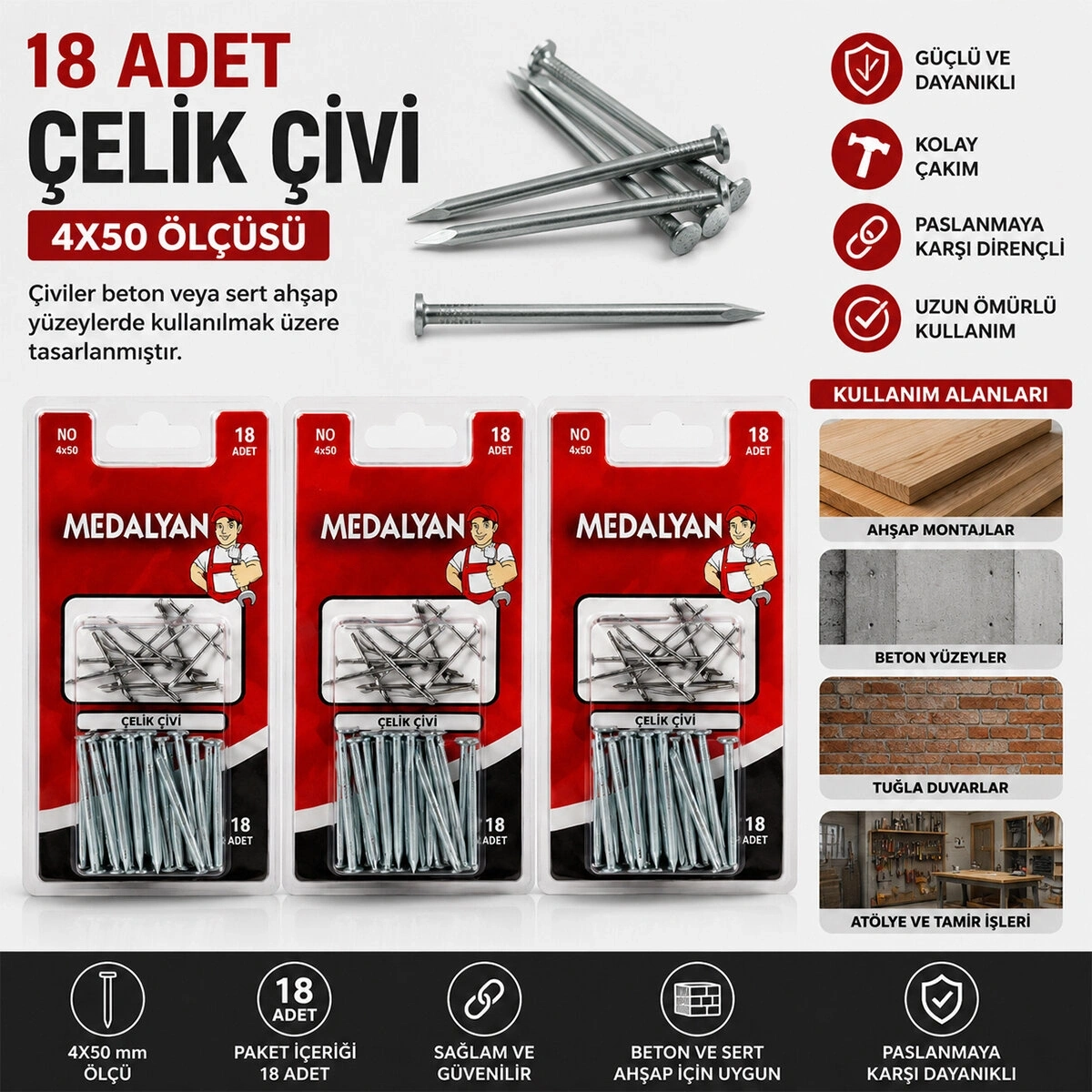 MEDALYAN DL-20 ( 4X50 ) ( 18PCS ) ( BETON ) ÇELİK ÇİVİ*12X12