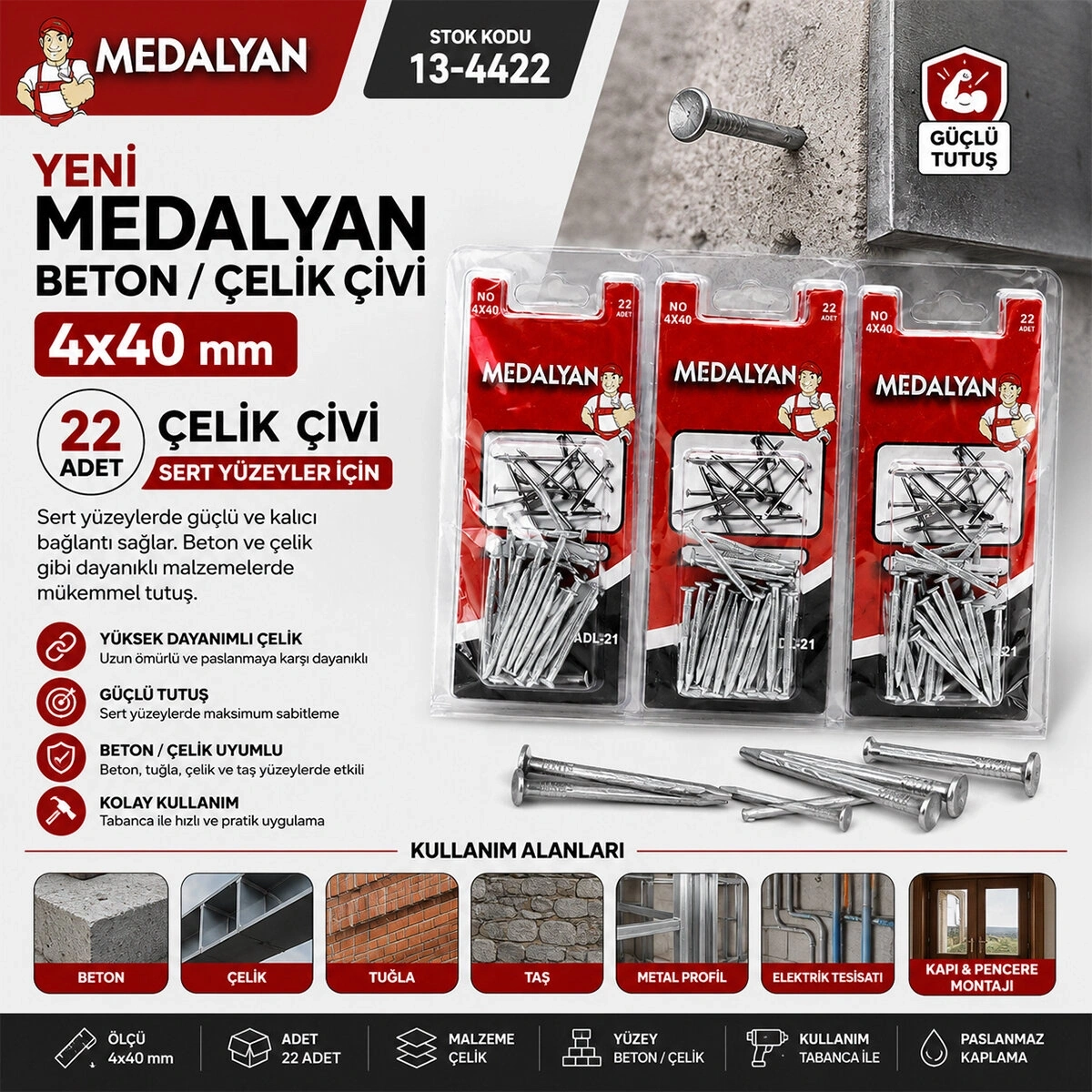 MEDALYAN DL-21 ( 4X40 ) ( 22PCS ) ( BETON ) ÇELİK ÇİVİ*12X12