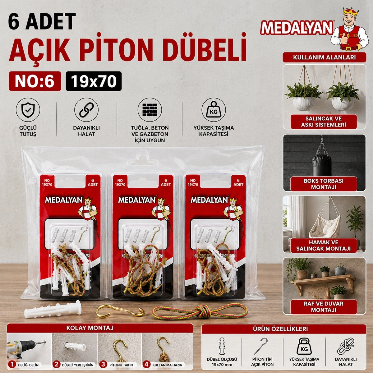 MEDALYAN DL-26 ( 19X70 ) ( 6PCS ) AÇIK PİTON DÜBELLİ*12X10