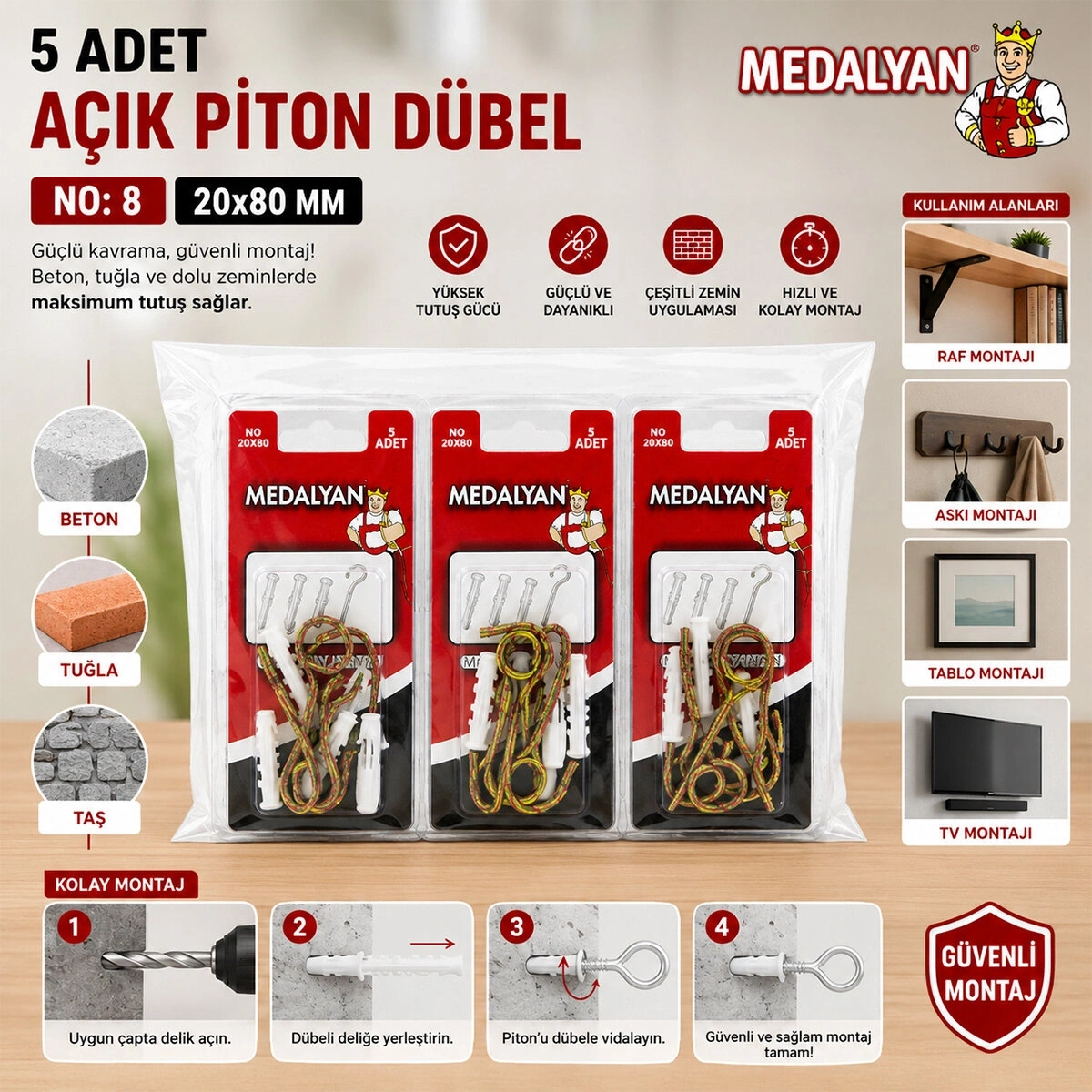 MEDALYAN DL-27 ( 20X80 ) ( 5PCS ) AÇIK PİTON DÜBELLİ*12X10
