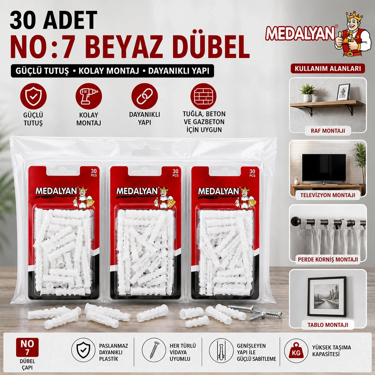 MEDALYAN DL-37 ( NO-7 ) ( 30PCS ) DÜBEL BEYAZ & PLASTİK*12X9