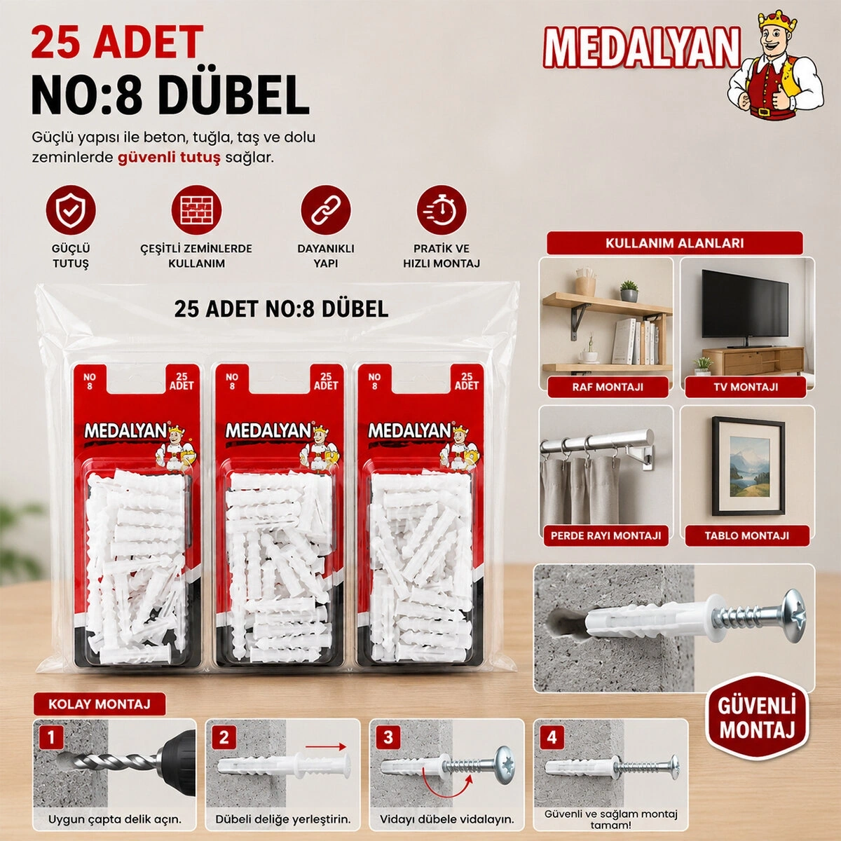 MEDALYAN DL-47 ( NO-8 ) ( 25PCS ) DÜBEL BEYAZ & PLASTİK*12X9