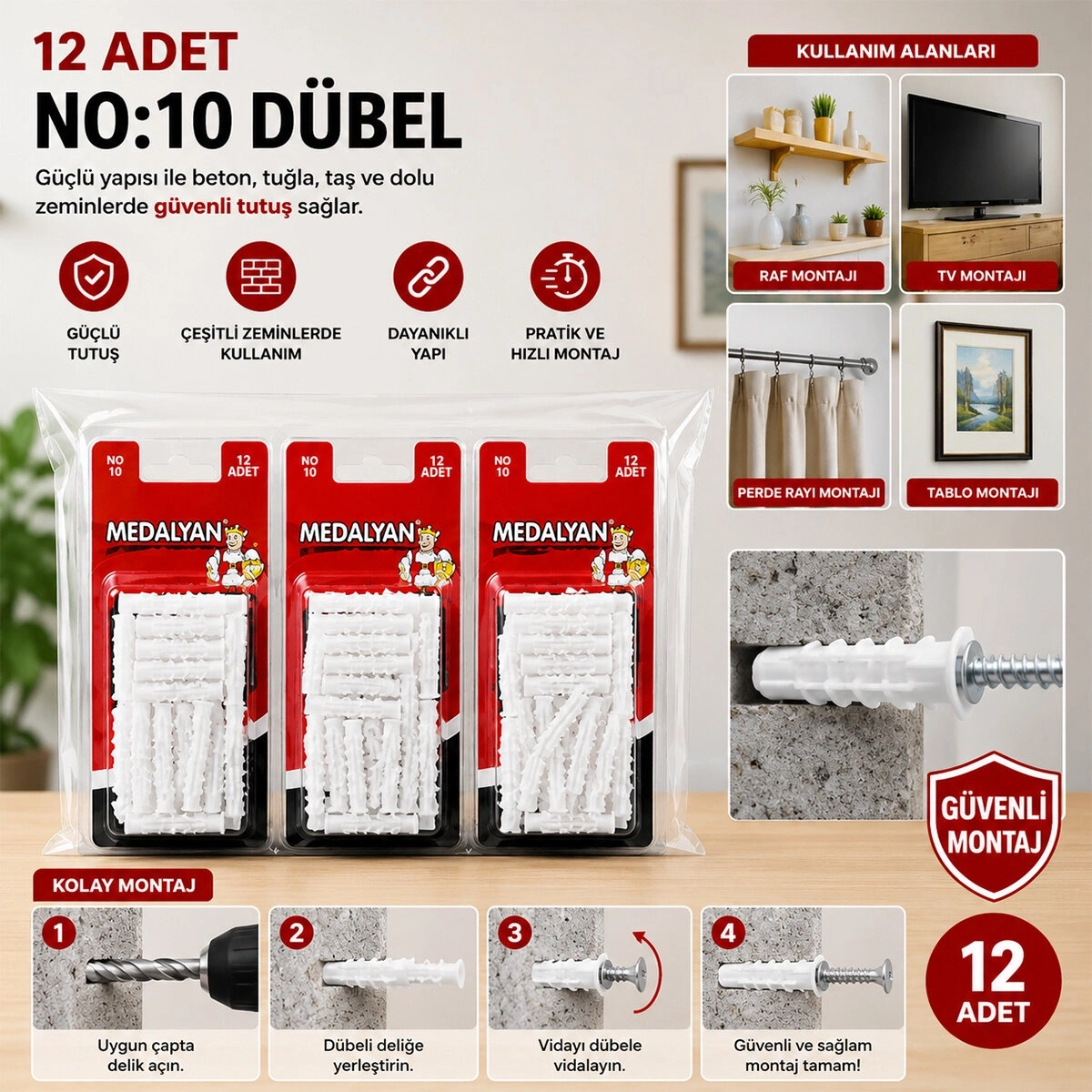 MEDALYAN DL-48 ( NO-10 ) ( 12PCS ) DÜBEL BEYAZ & PLASTİK*12X9