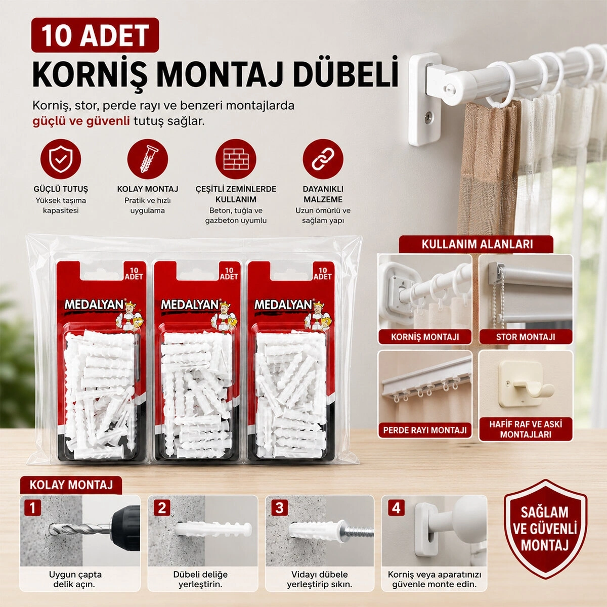 MEDALYAN DL-57 ( 10PCS ) KORNİŞ MONTAJ DÜBELİ ( PLASTİK ÇİVİLİ )*12X10
