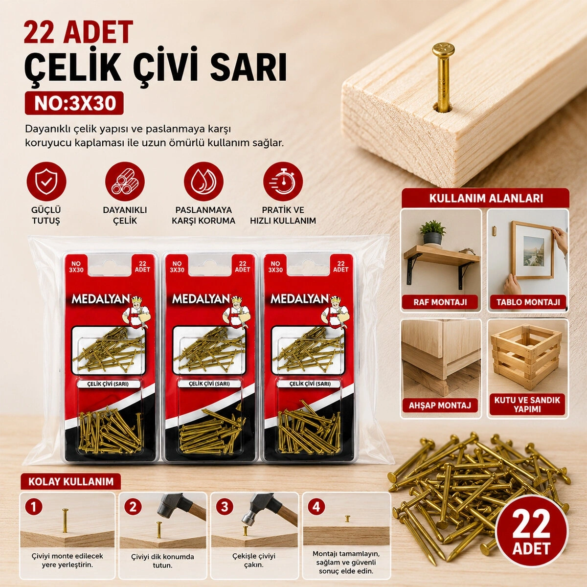 MEDALYAN DL-71 ( 3X30 ) ( SARI ) ( 22PCS ) ÇELİK ÇİVİ*12X10