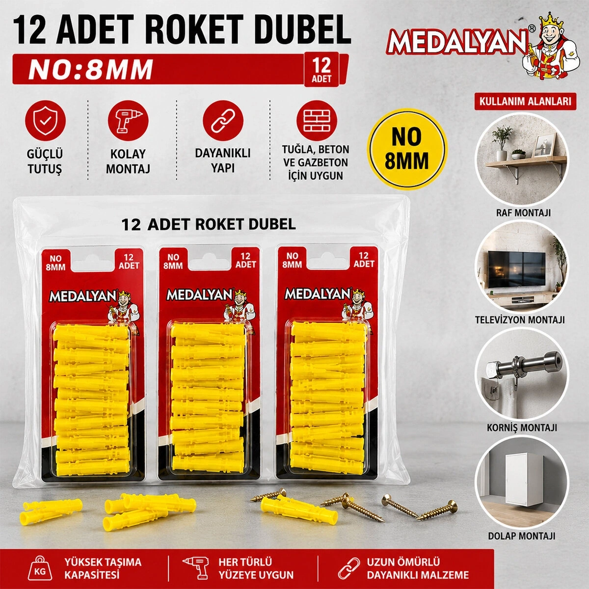 MEDALYAN DL-86 ( 8MM ) ( 12PCS ) ( ROKET ) DÜBEL SARI & PLASTİK*12X10
