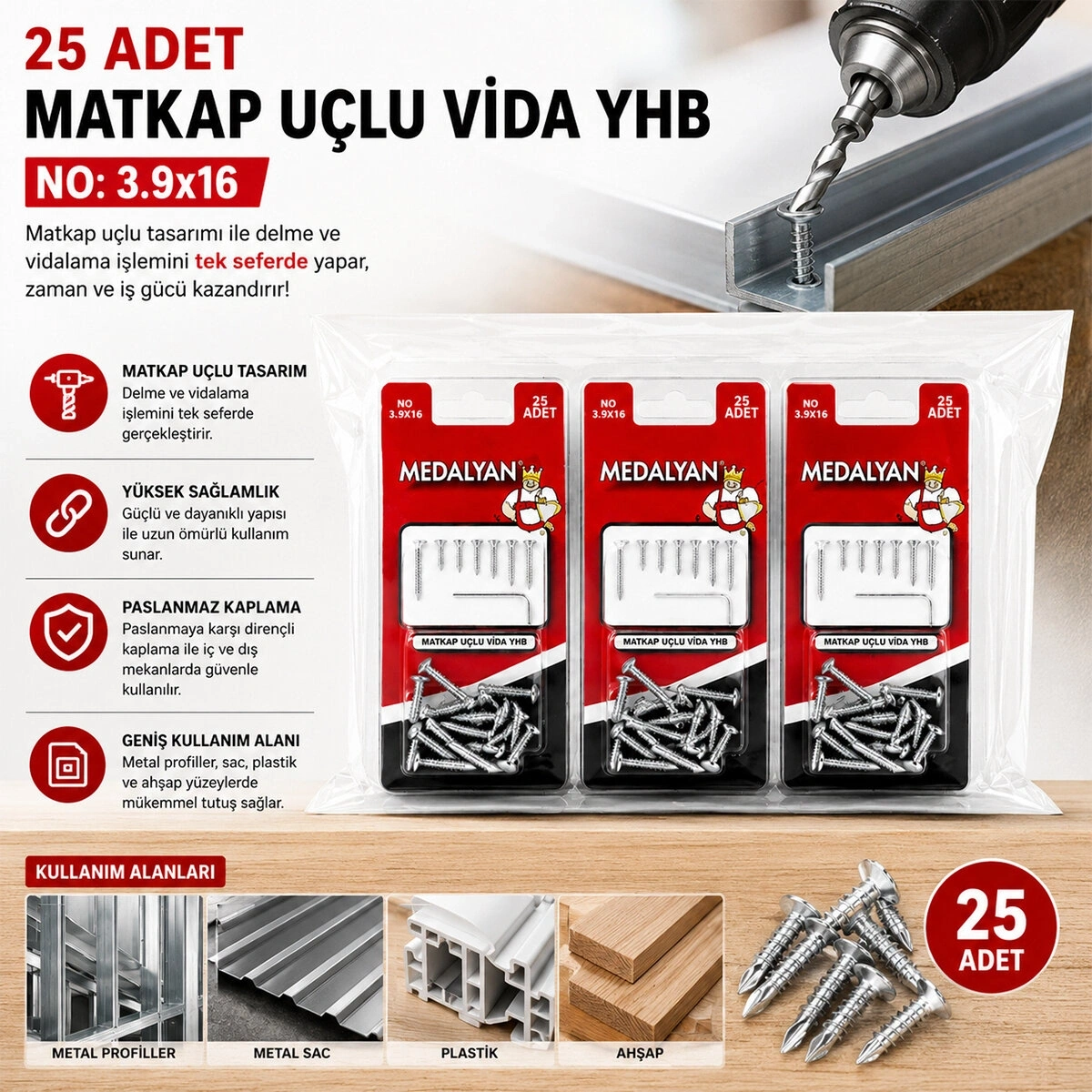 MEDALYAN DL-99 ( 3.9X16 ) ( 25PCS ) MATKAP UÇLU VİDA*12X10