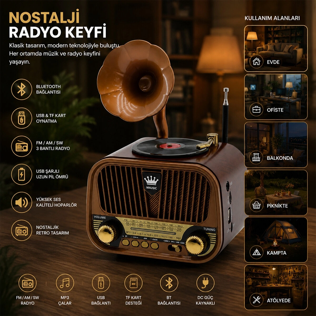 MEİER MD-1319BT PLATOON PL-4710 ( USB ŞARJLI & NOSTALJİ ) ( BLUETOOTH ) ( İBRELİ ) FM RADYO ( MP3 USB & TF PLAYER ) SPEAKER*30