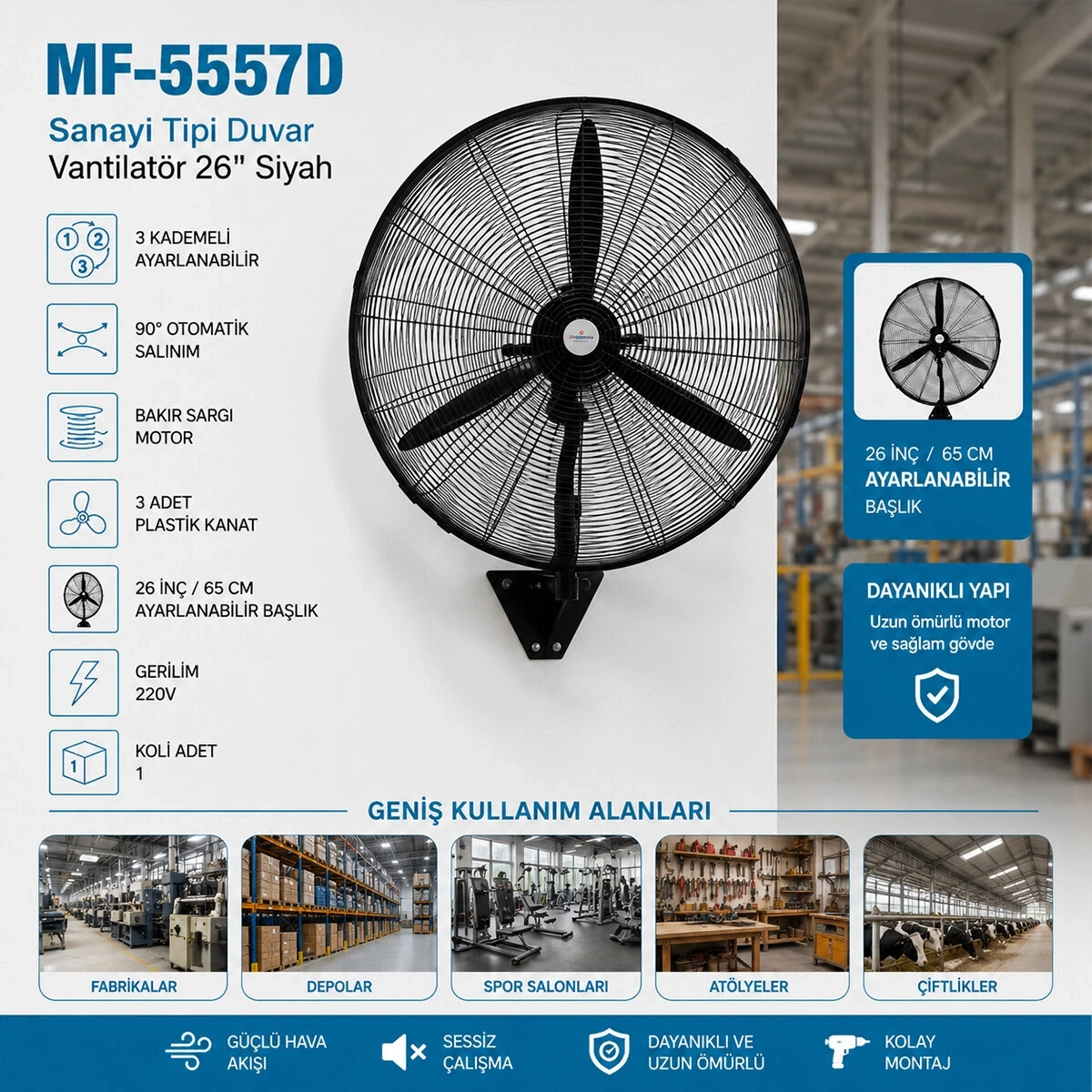 MF-5557D (SANAYİ TİPİ) ( 26İNC & 65CM AYARLANABİLİR BAŞLIK ) ( 3 KADEMELİ & 3 KANAT & 220V) DUVAR VANTİLATÖR*2=K
