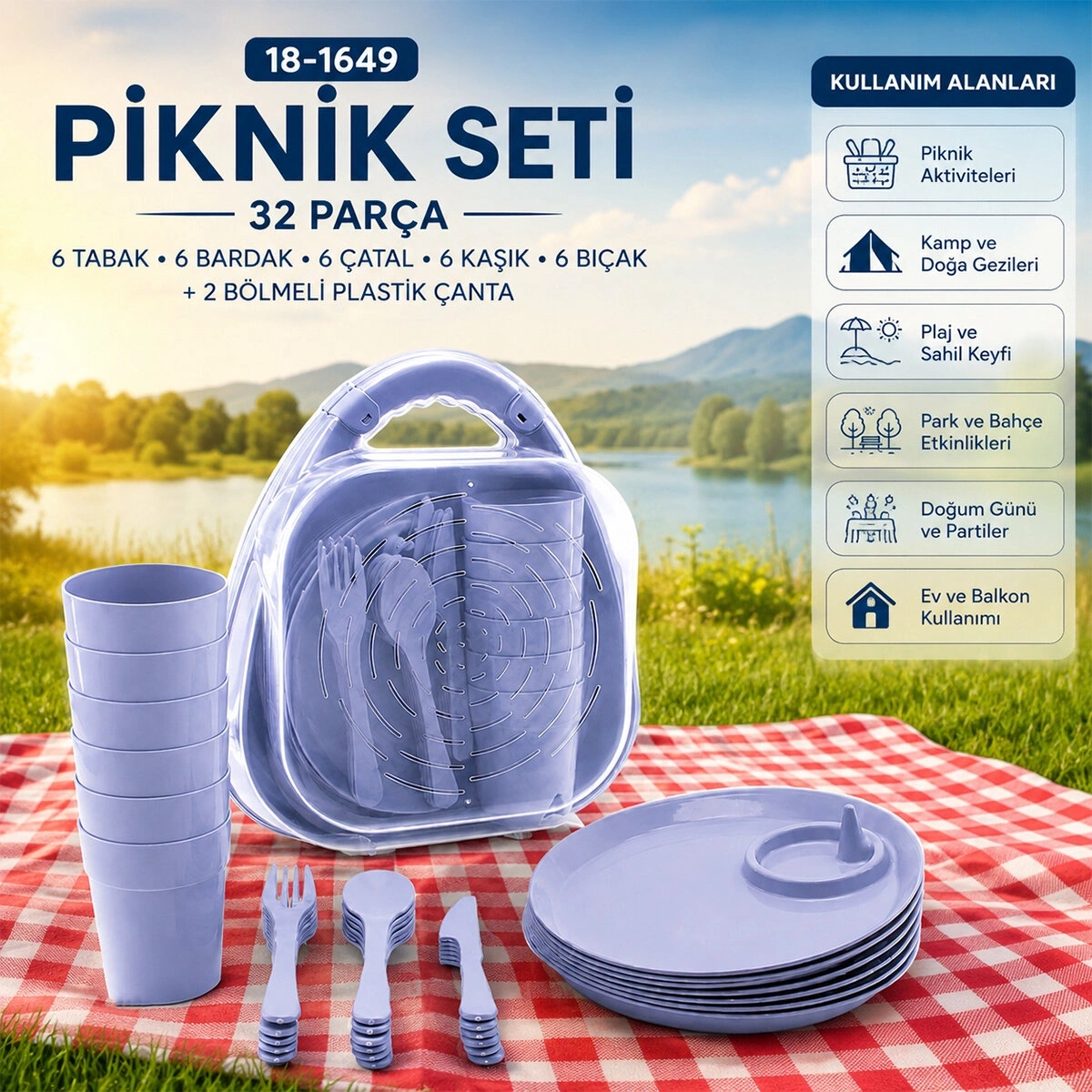 MİENCA MRD-473 CLEAN LİFE KSK-108 PİKNİK SETİ ( 32PCS ) PLASTİK RENKLİ (6-TABAK-6-BARDAK-6-ÇATAL6-KAŞIK-6-BIÇAK+( 2 BÖLMELİ PLS.ÇANTA)*12=K