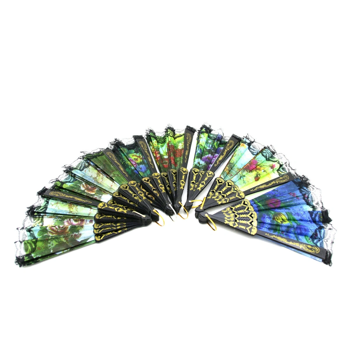 MUJGAN MJGN-978 ( ÇİÇEK RESİMLİ ) ( TÜLLÜ KENAR ) YELPAZE  ( PLASTİK BEZLİ & SAPLI )*12X50