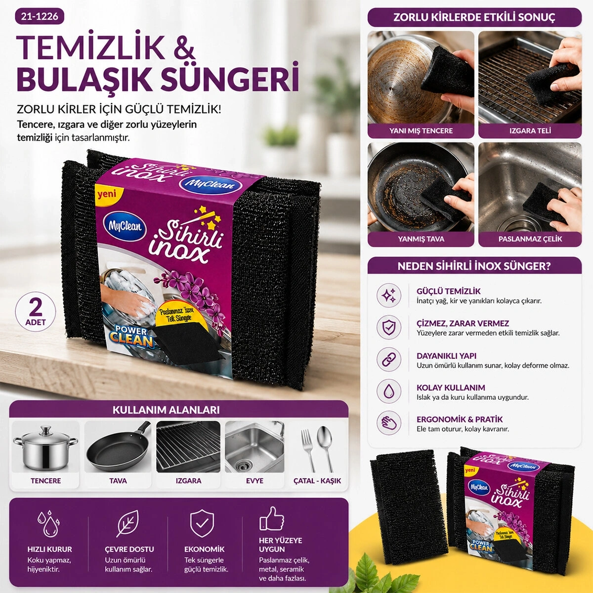MYCLEAN-467507 MGC-04 ( 2PCS ) TEMİZLİK & BULAŞIK SÜNGERİ ( SİHİRLİ İNOX )*24X10