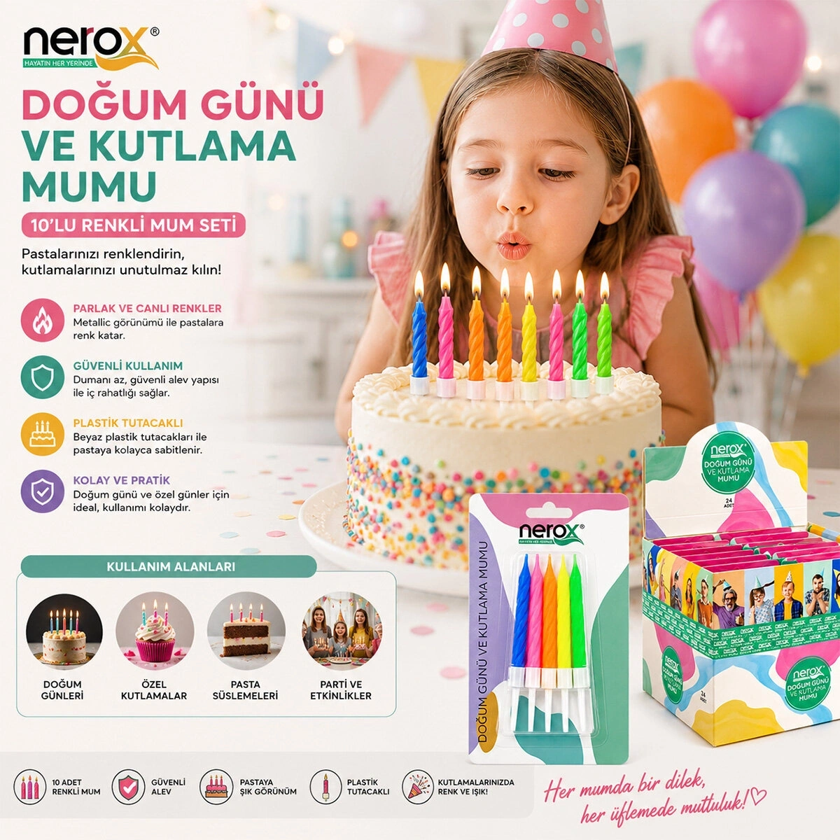 NEROX NRX-3013 ( 10PCS ) ( RENKLİ ) ( SÜS ) DOĞUM GÜNÜ MUMU ( BEYAZ PLASTİK TUTACAK )*24X20