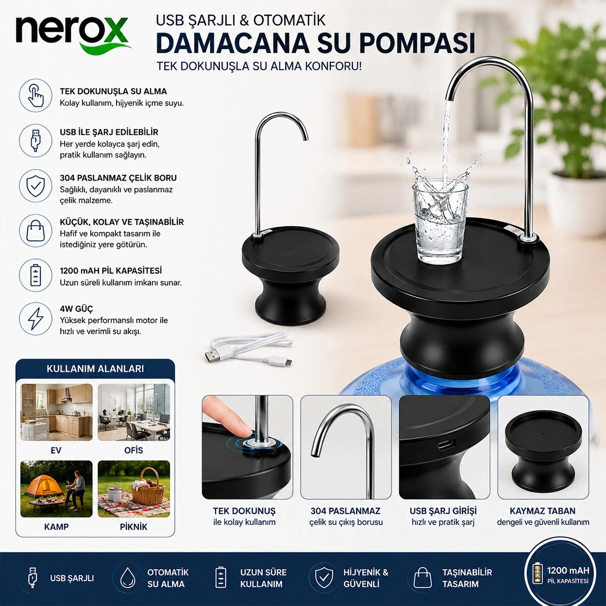 NEROX NRX-4337 ( USB ŞARJLI & OTOMATİK ) DAMACANA SU POMPASI  & STAND ( 360° BAŞLIK )*12