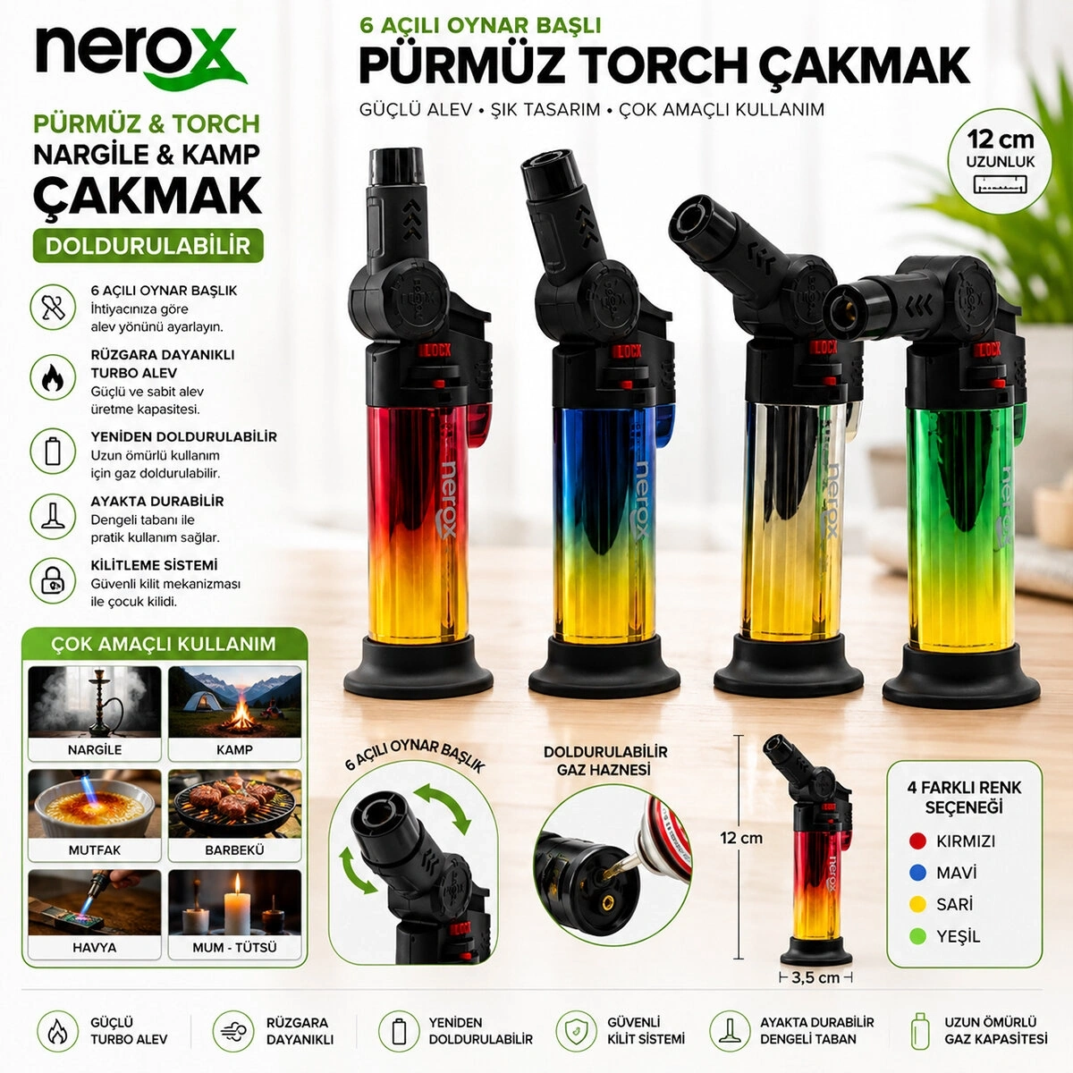 NEROX NRX-9305 ( METALİZE ) ( OYNAR BAŞLI ) ( PÜRMÜZ & TORCH ) ( NARGİLE & KAMP ) ÇAKMAK ( DOLDURULABİLİR ) ( AYAKDA DURABİLİR )*12X12
