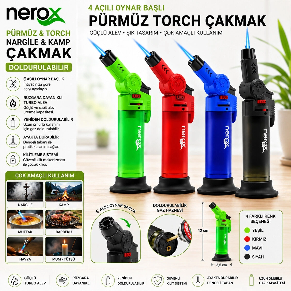 NEROX NRX-9308 ( OYNAR BAŞLI ) ( PÜRMÜZ & TORCH ) ( NARGİLE & KAMP ) ÇAKMAK ( DOLDURULABİLİR ) ( AYAKDA DURABİLİR )*12X12