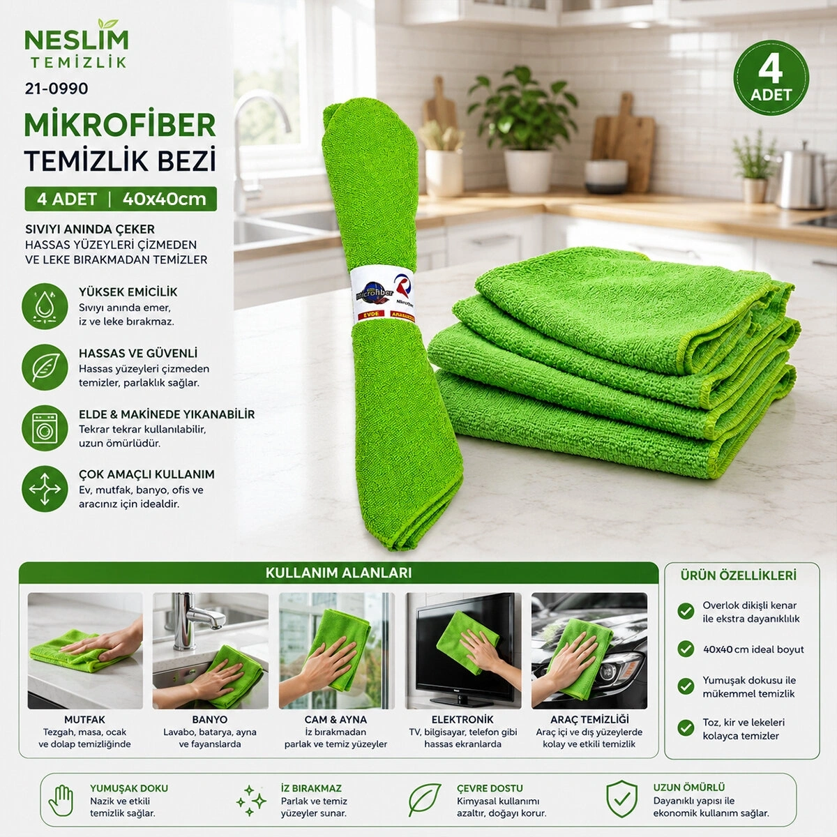 NESLİM TEMİZLİK ( OVERLOK ) ( 4PCS ) ( DÜRÜM & YUVARLAK SARIM ) (30X30CM ) MİKROFİBER TEMİZLİK BEZİ*100