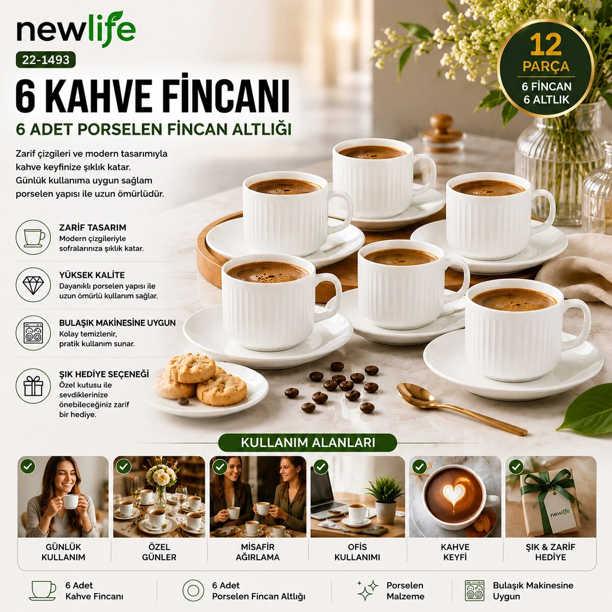 NEWLİFE CLKN-1652-A-B-C-D-E-H ( 12PCS=6-TAKIM ) PORSELEN KAHVE FİNCANI*18