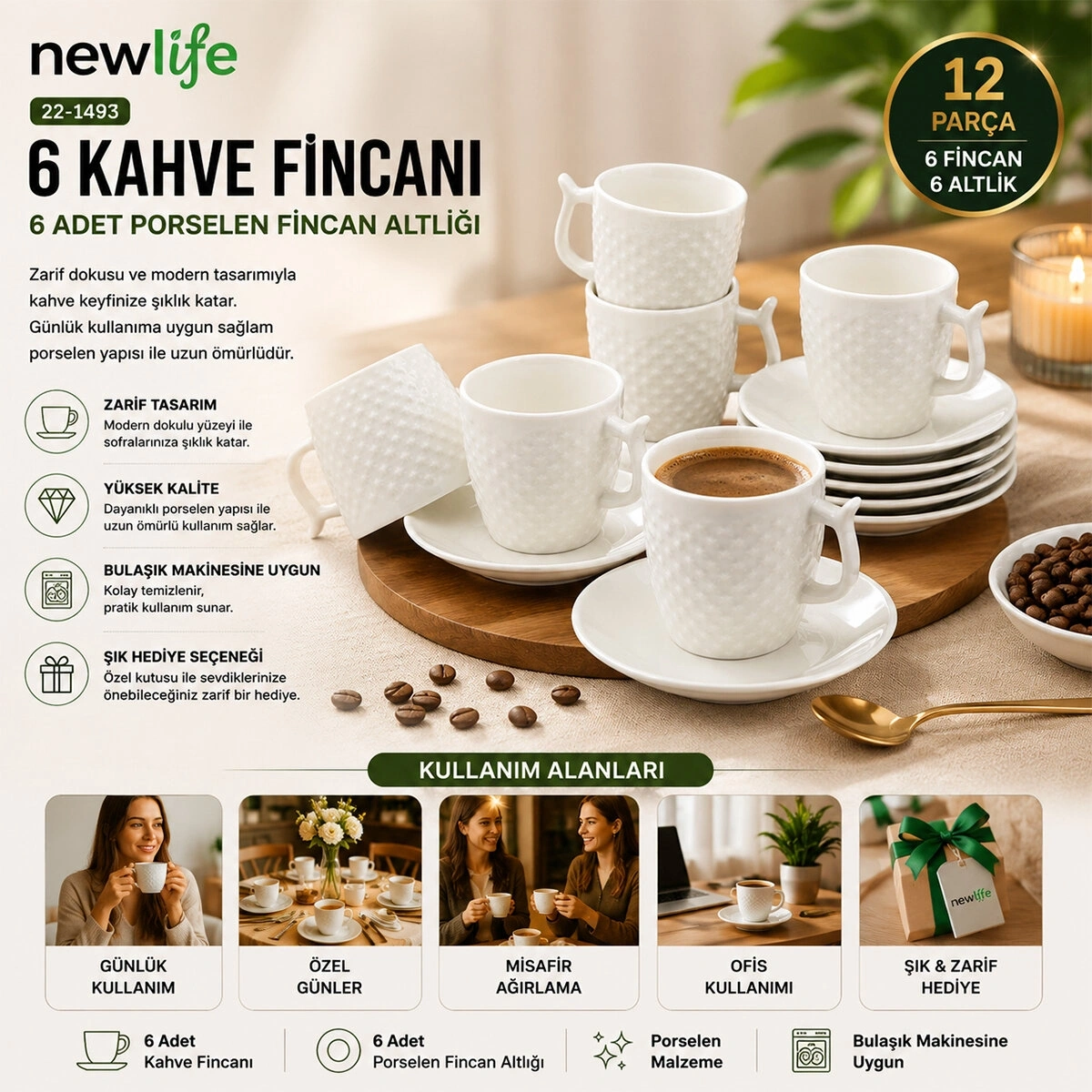 NEWLİFE CLKN-1652-A-B-C-D-E-H ( 12PCS=6-TAKIM ) PORSELEN KAHVE FİNCANI*18