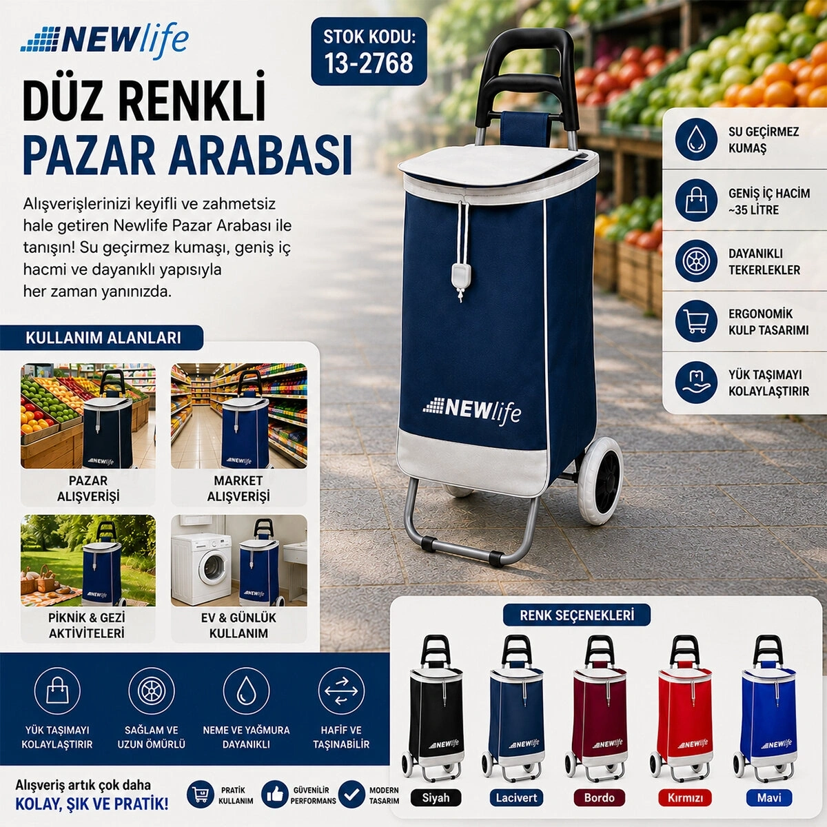 NEWLİFE MNC-202-212 ( DÜZ RENKLİ ) PAZAR ARABASI*10=K