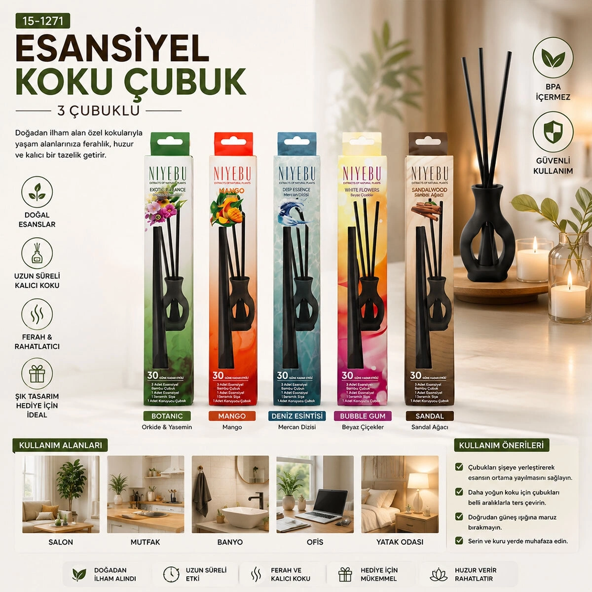 NİYEBU ( 3PCS ) ESANSİYEL KOKU ÇUBUK ( BOTANİC - SANDAL - DENİZ ESİNTİ - MANGO - BUBLE GUM )*60X1