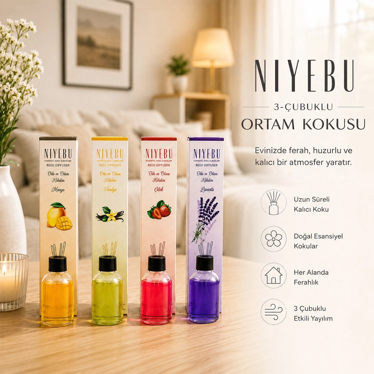 NİYEBU ( 50ML ) ( 3-ÇUBUKLU ) ORTAM KOKUSU ( CAM ŞİŞE ) ( MİX KOKU)*24X1