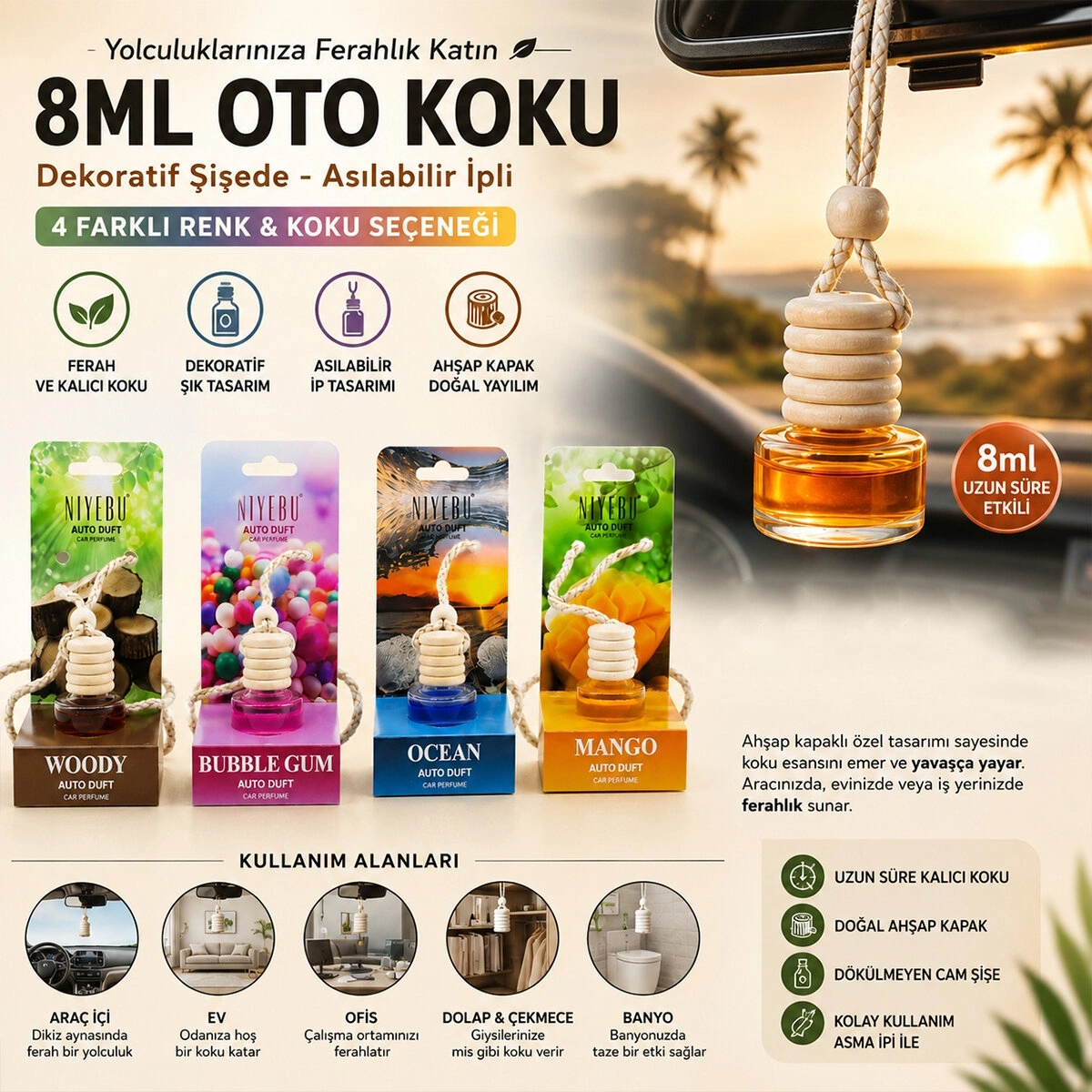 NİYEBU OTO & ARAÇ KOKUSU ( CAM ŞİŞE ) ( İPLİ AHŞAP KAPAK ) ( 8ML )*24X1