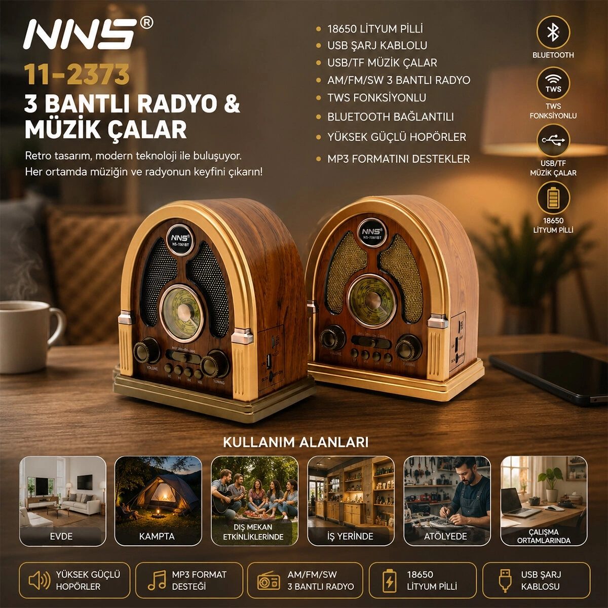 NNS NS-7061BT PLATOON PL-4711 ( USB ŞARJLI & NOSTALJİ ) ( BLUETOOTH ) ( İBRELİ ) FM RADYO ( MP3 USB & TF PLAYER ) SPEAKER*30