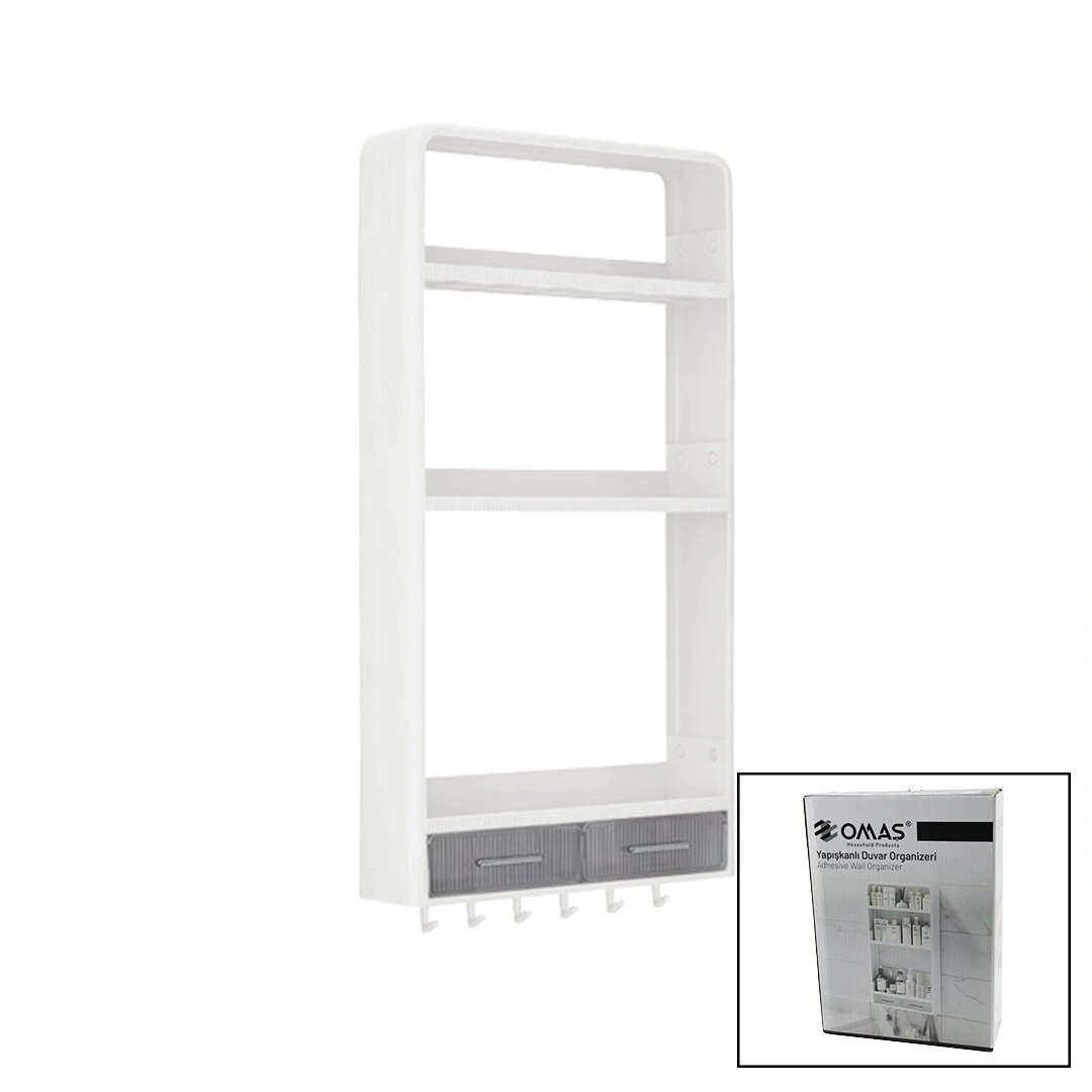 OMAŞ-TERA OM-0817 ( BEYAZ ) YAPIŞKANLI DUVAR ORGANİZERİ PLASTİK ( 3 RAF=14CM-19CM-30CM & 2 ÇEKMECE=40CM & 6 ASKI ) ( 19 PCARÇA )*6