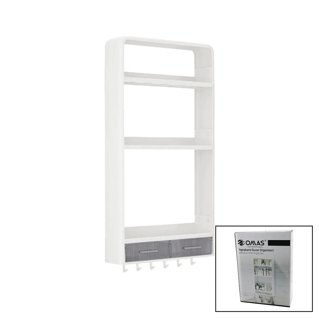 OMAŞ-TERA OM-0817 ( BEYAZ ) YAPIŞKANLI DUVAR ORGANİZERİ PLASTİK ( 3 RAF=14CM-19CM-30CM & 2 ÇEKMECE=40CM & 6 ASKI ) ( 19 PCARÇA )*6