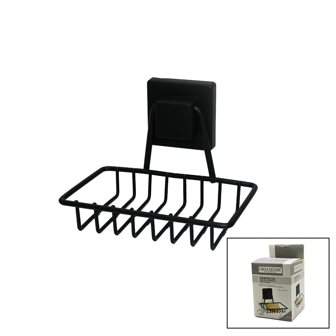 ORSA-905 ( SİYAH & METAL ) KATI SABUNLUK ( KARE GÜÇLÜ YAPIŞKANLI ) ( 11X12.5X11CM )*6=K