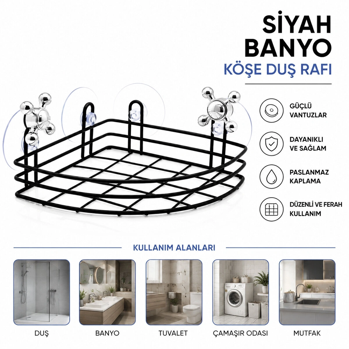 ORSA-921 ( VANTUZLU )  ÇOK AMAÇLI SİYAH KARE BANYO RAF KÖŞELİ*12=K