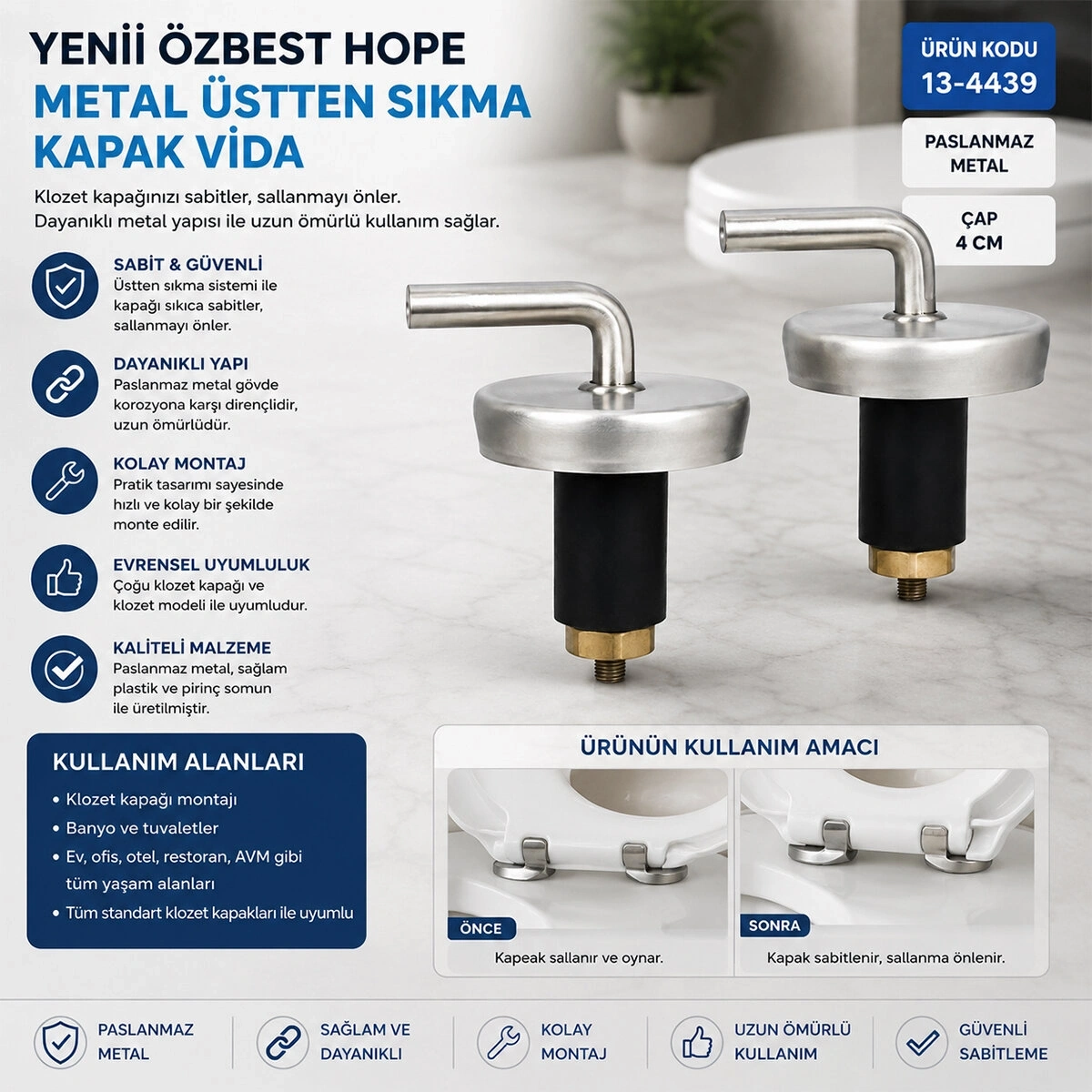 ÖZBEST HOPE ( 2PCS ) ( ÜSTTEN SIKMALI ) ( METAL ) KLOZET KAPAK MENTEŞESİ VİDASI *10X25
