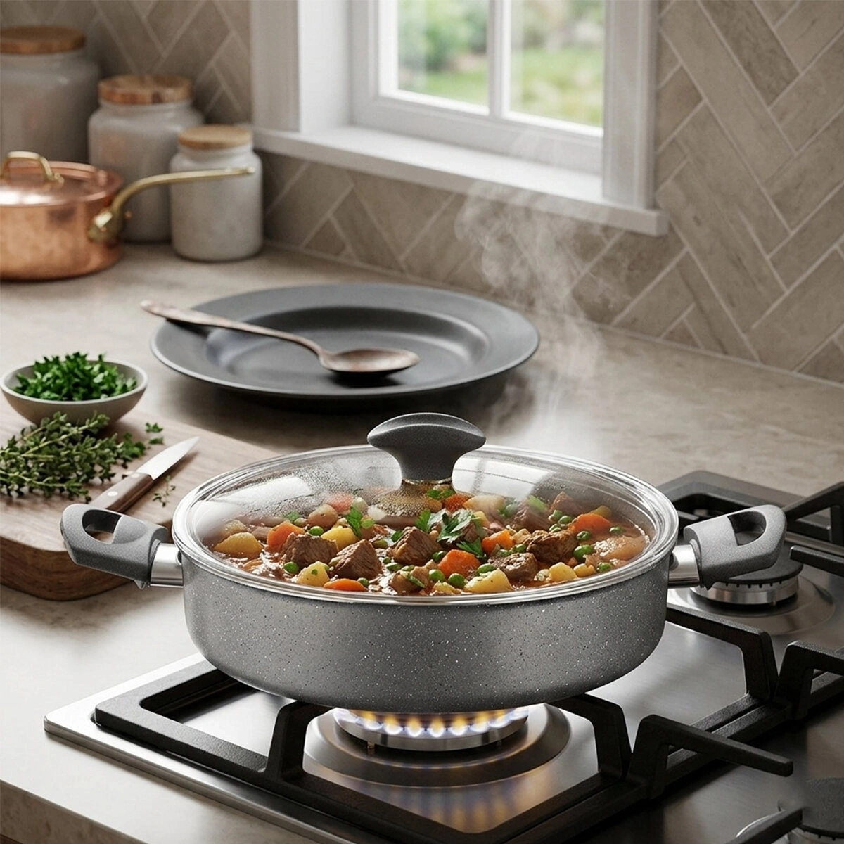 PAPİLLA FRED ( FLAT CASSEROLE ) ( 24 CM ) ( BASIK & KARNIYARIK & KISA ) ( GRANİT TENCERE ) ( CAM KAPAK ) ( GRİ KIRÇILLI ) ( BRKT-712265 )*6=K