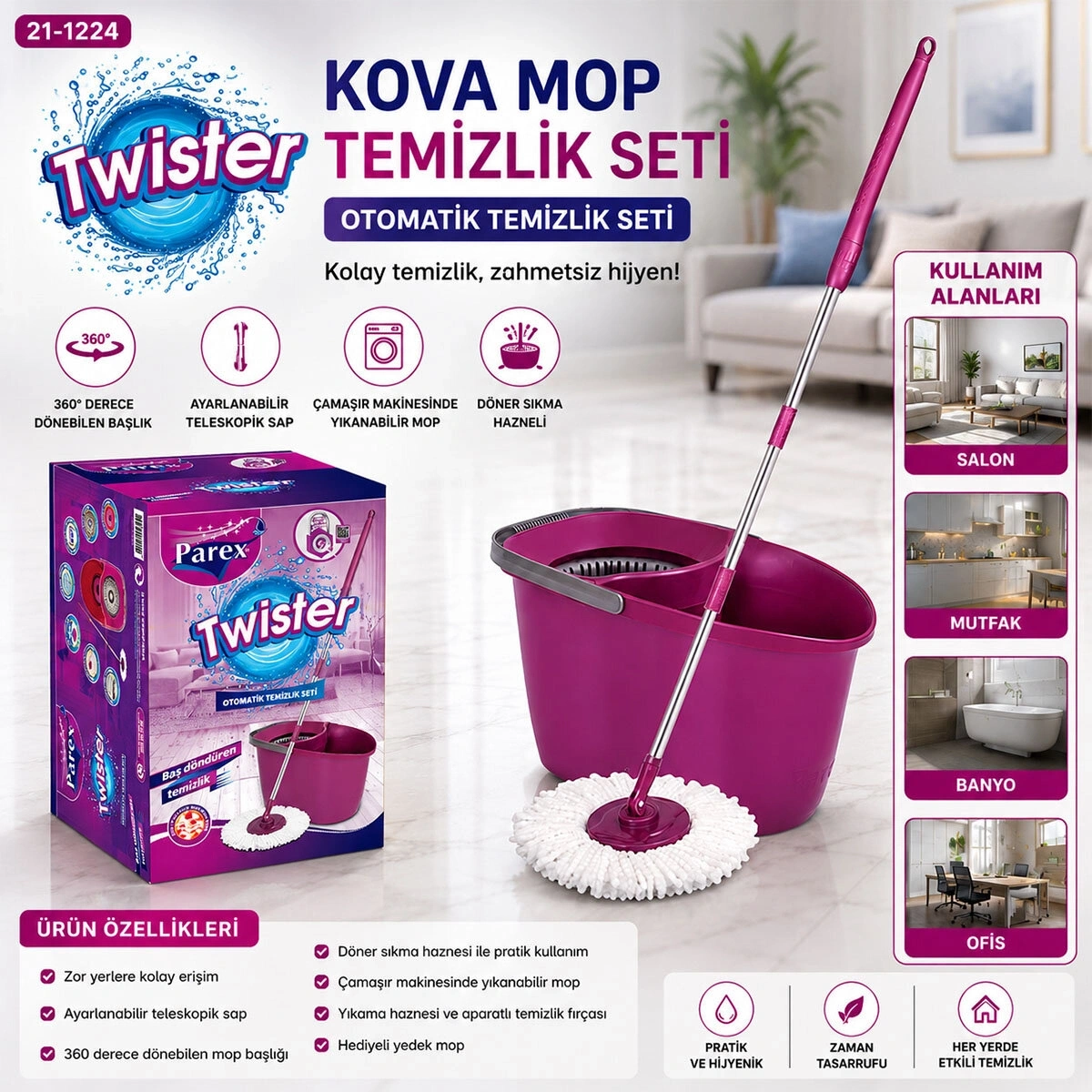 PAREX-723691 TWİSTER OTOMATİK MOP TEMİZLİK SETİ & KOVASI ( MULTİ TEMİZLİK FIRÇA )*1