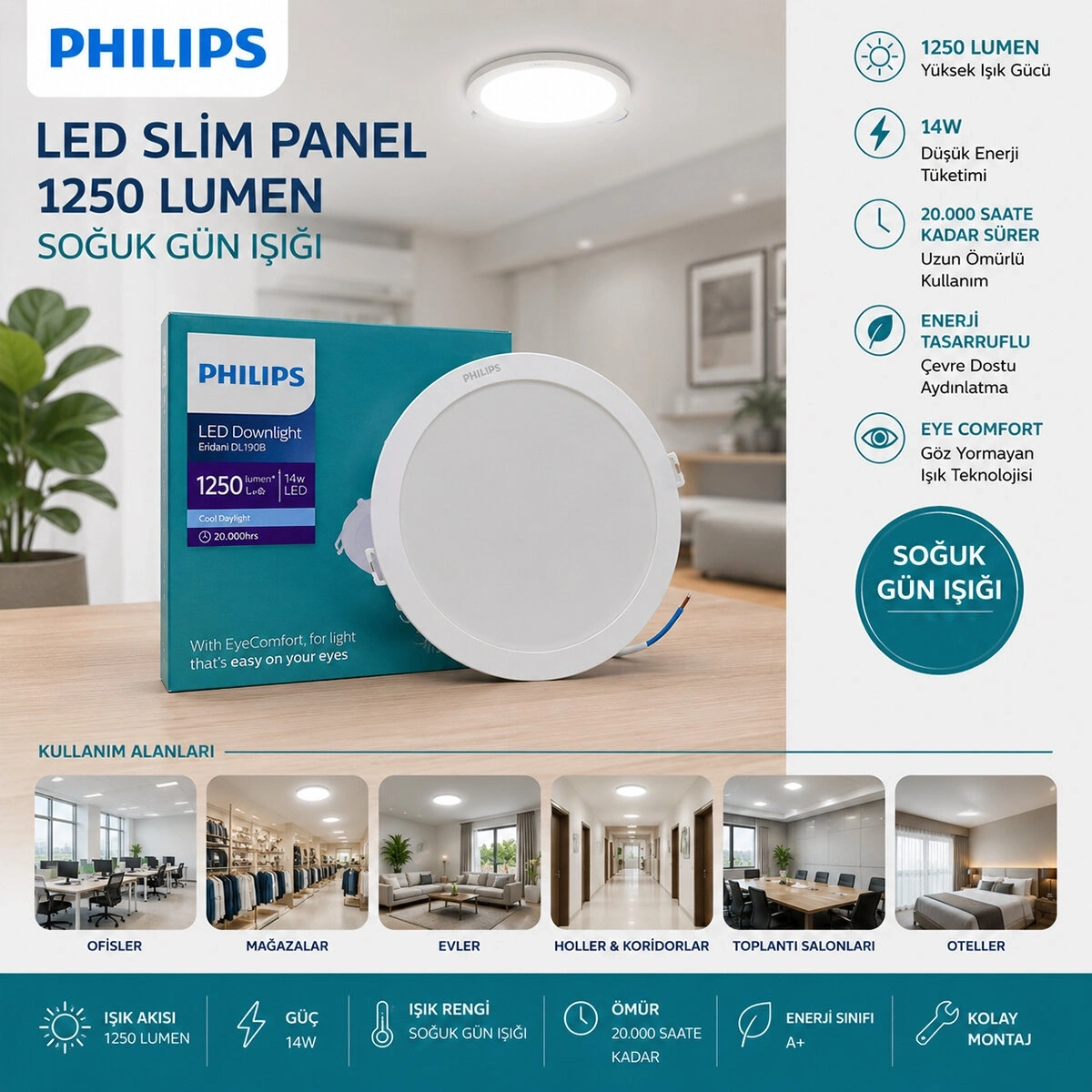 PHILIPS ( 14W ) ( SIVA ALTI ) ( YUVARLAK ) LED SLİM PANEL ( 1250LUMEN ) ( 20.000 SAAT ÖMÜR )*20
