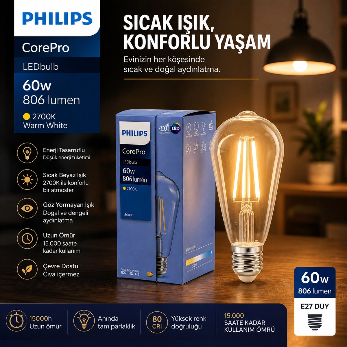 PHILIPS-346758 00 COREPRO ST64 ( 2700K & E27 ) ( 7W = 60W & E27 ) ( LED FİLAMENT & RUSTİK AMPUL ) LAMBA ( 806 LUMEN ) ( CAM GÖVDE )*10=K