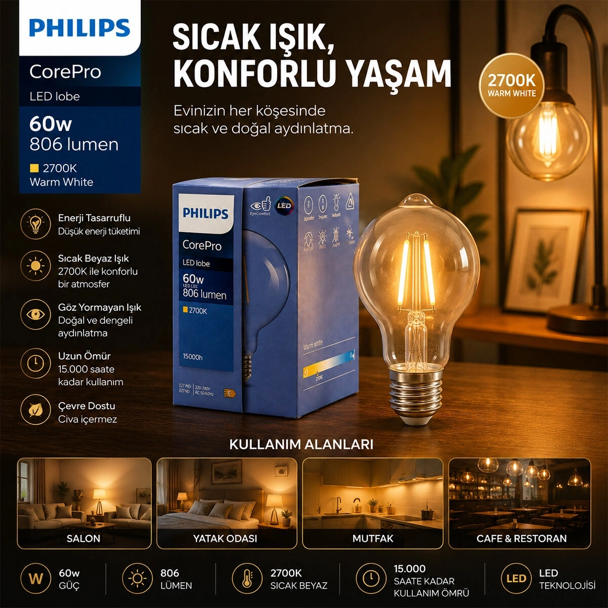 PHILIPS-380035 00 COREPRO A60 ( 2700K & E27 ) ( 7W = 60W & E27 ) ( LED FİLAMENT & RUSTİK AMPUL ) LAMBA ( 806 LUMEN ) ( CAM GÖVDE )*10=K