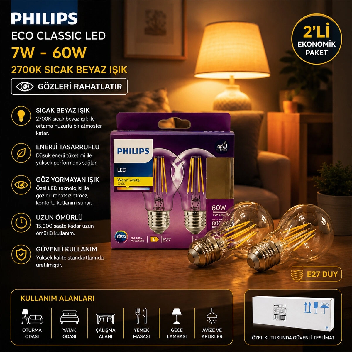 PHILIPS ( 7W = 60W & E27 ) ( GOLD COLOR ) ( LED FİLAMENT & RUSTİK AMPUL ) ( 2 PCS ) LAMBA ( 806 LUMEN ) ( CAM GÖVDE )*6=K