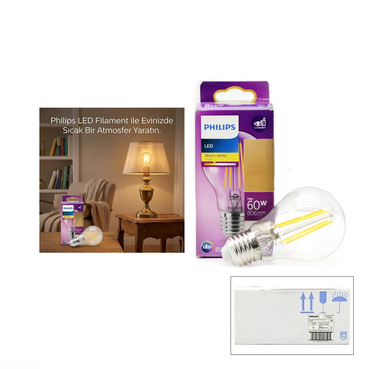 PHILIPS ( 7W = 60W & E27 ) ( GOLD COLOR ) ( LED FİLAMENT & RUSTİK AMPUL ) LAMBA ( 806 LUMEN ) ( CAM GÖVDE )*4=K