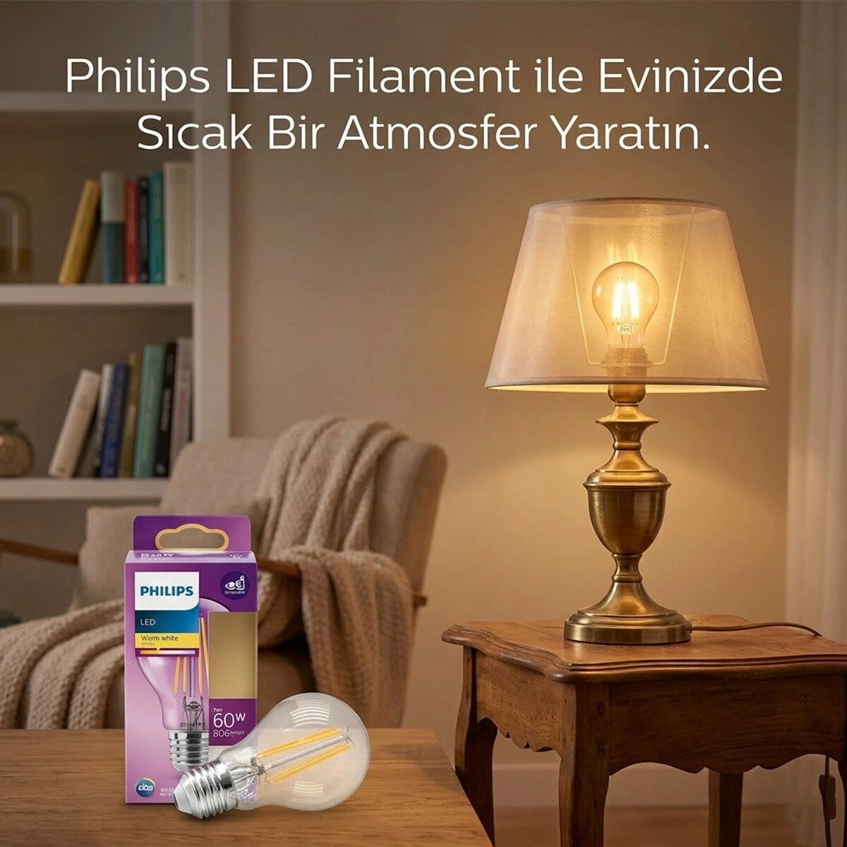 PHILIPS ( 7W = 60W & E27 ) ( GOLD COLOR ) ( LED FİLAMENT & RUSTİK AMPUL ) LAMBA ( 806 LUMEN ) ( CAM GÖVDE )*4=K