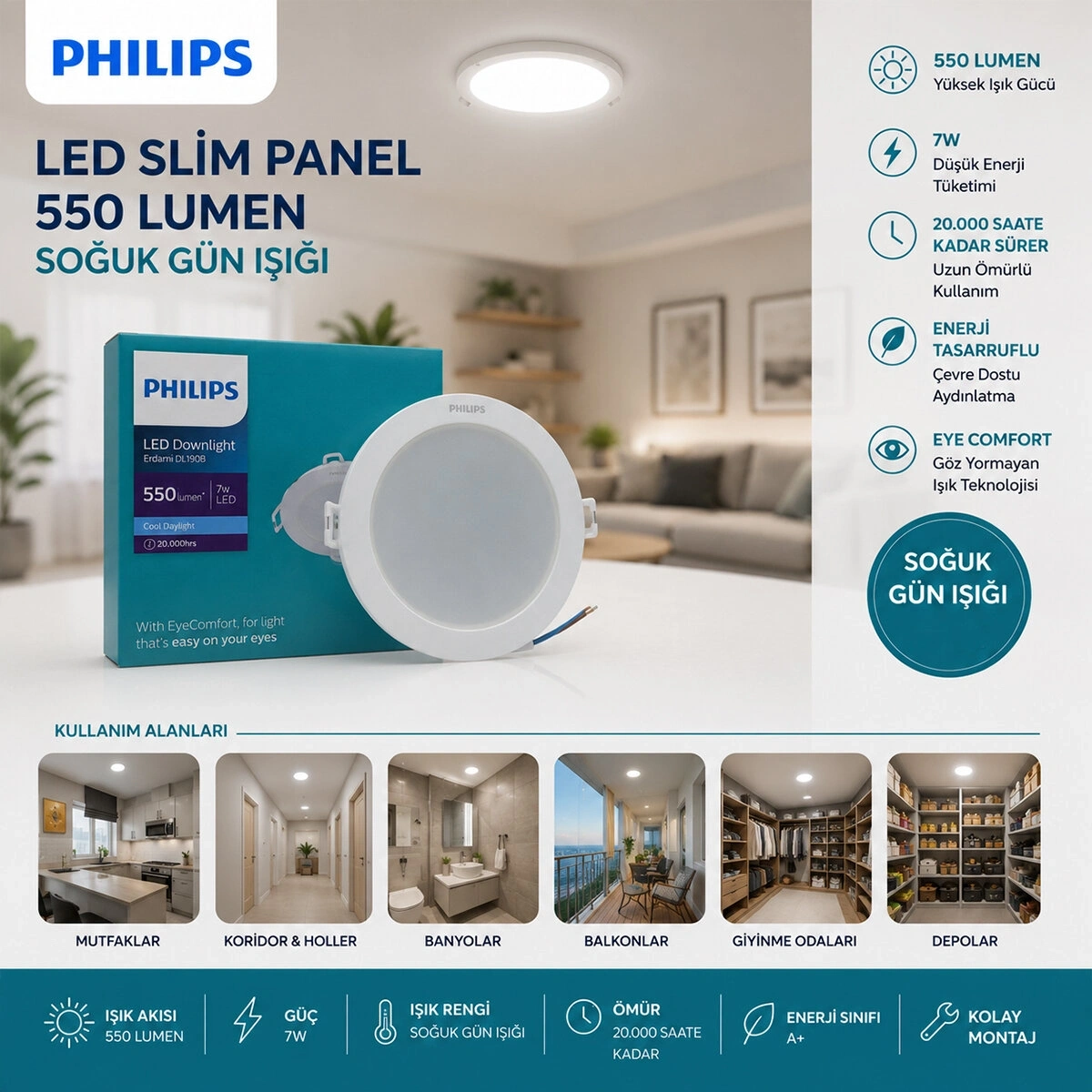 PHILIPS ( 7W ) ( SIVA ALTI ) ( YUVARLAK ) LED SLİM PANEL ( 550LUMEN ) ( 20.000 SAAT ÖMÜR )*20
