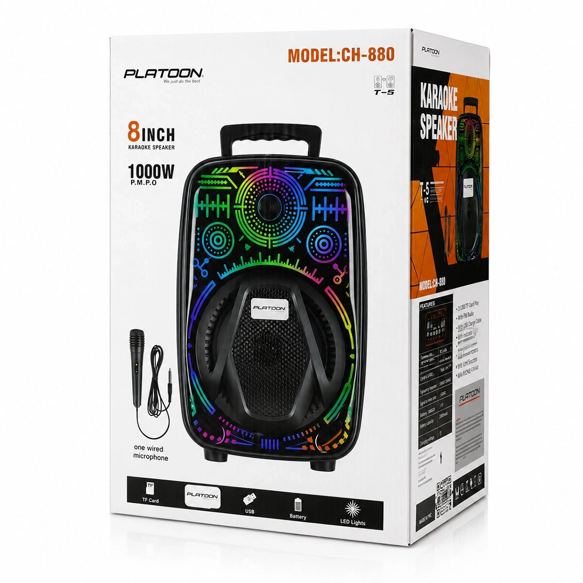 PLATOON PL-4660 CH-880 KARAOKE ( MİKROFONLU ) SPEAKER HOPARLÖR (BT & SD & USB SARJLI) ( RGB IŞIKLI) ( DC 5V & AUX ) ( 8 INCH )*8