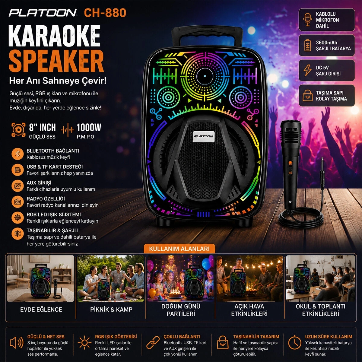 PLATOON PL-4660 CH-880 KARAOKE ( MİKROFONLU ) SPEAKER HOPARLÖR (BT & SD & USB SARJLI) ( RGB IŞIKLI) ( DC 5V & AUX ) ( 8 INCH )*8