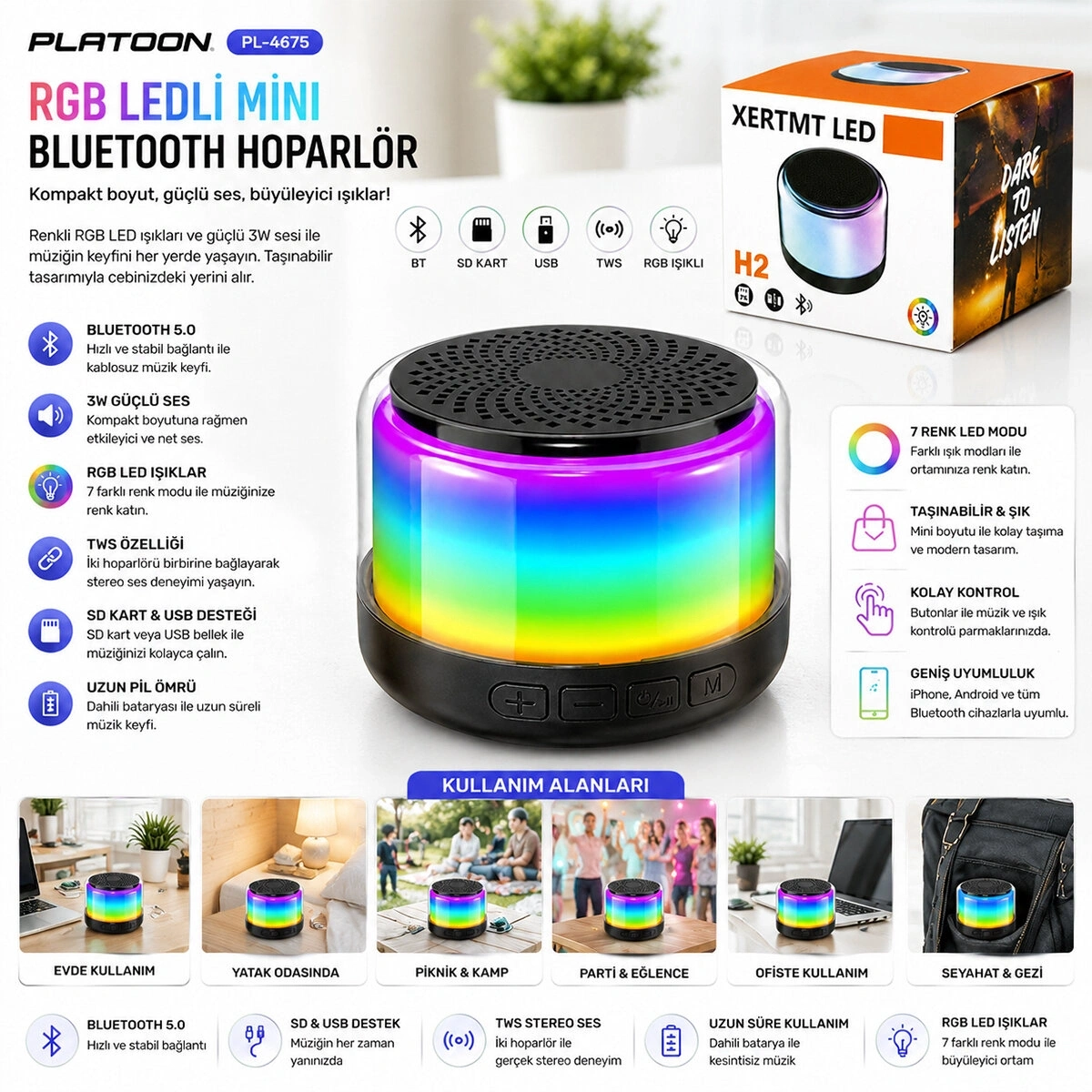 PLATOON PL-4675 ( BT & SD & USB ŞARJLI) ( RGB IŞIKLI ) BLUETOOTH WİRELESS SPEAKER HOPARLÖR ( 3W )*100