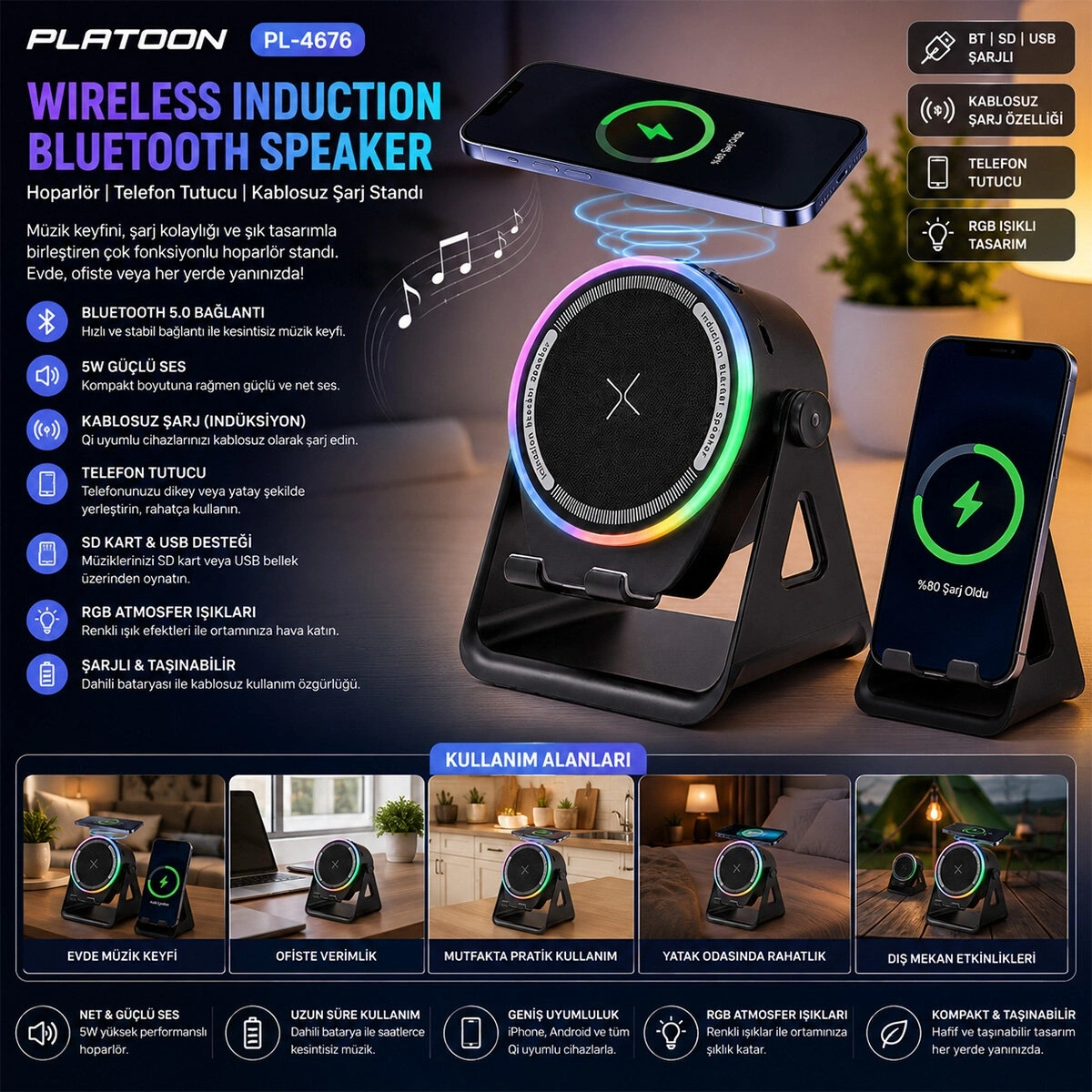 PLATOON PL-4676 ( BT & SD & USB ŞARJLI ) ( TELEFON TUTACAK ) ( RGB IŞIKLI ) BLUETOOTH WİRELESS SPEAKER HOPARLÖR ( 5W )*60