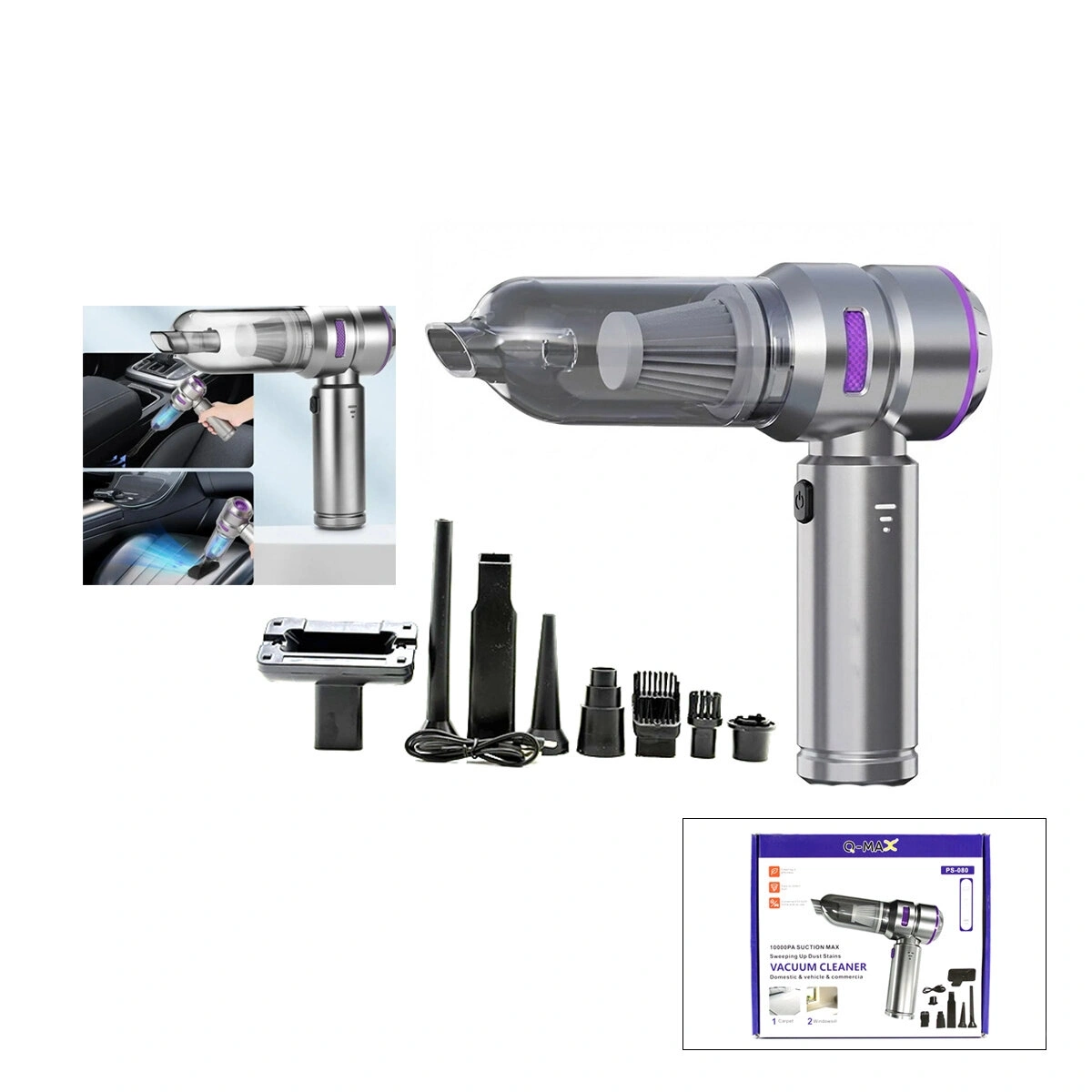 Q-MAX PS-080 ( OTO ARAÇ ) ( TYPE-C SARJLI ) EL TİPİ BASINÇLI HAVA ÜFLEME & SÜPÜRGE MAKİNE ( MİKROFİBER BEZ ) ( 8 BAŞLIK ) *40